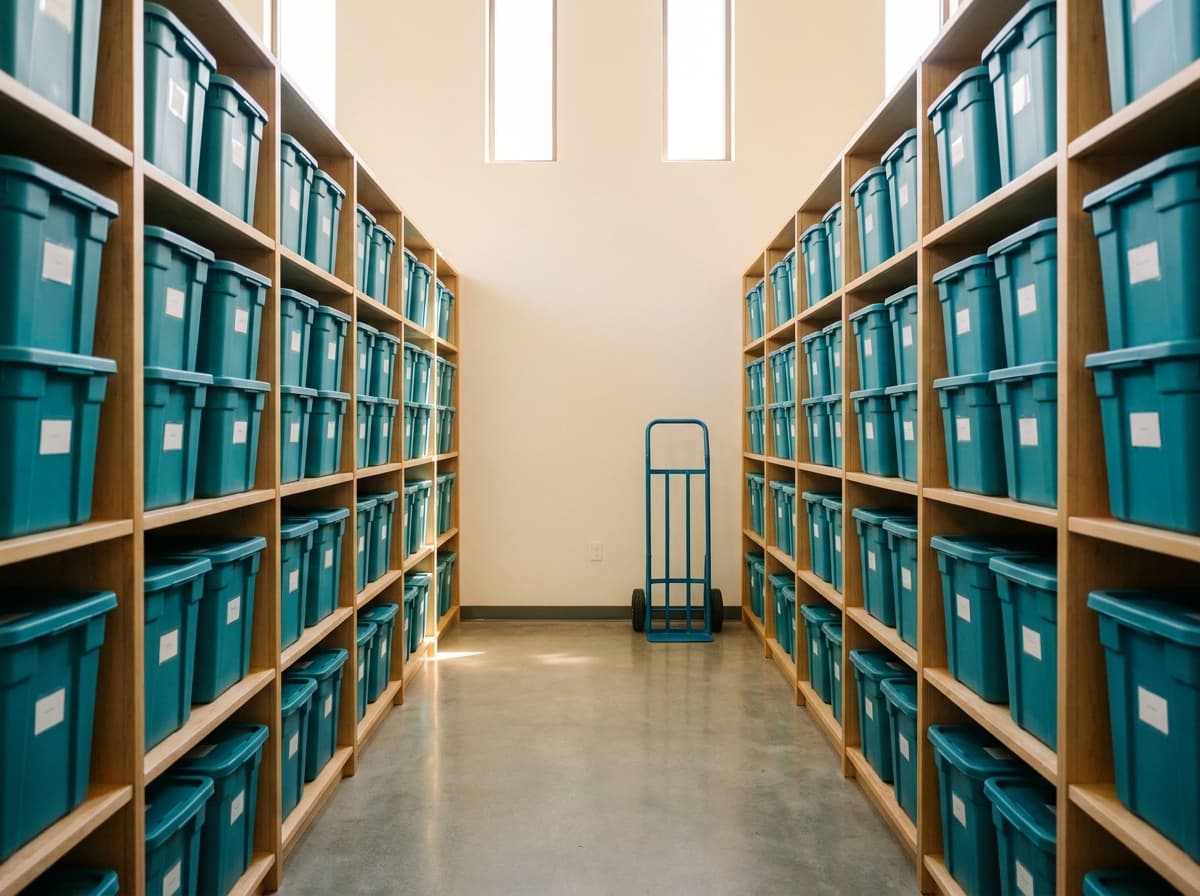 Inside the Caboodle Depot: climate-controlled, labeled teal bins on organized shelving