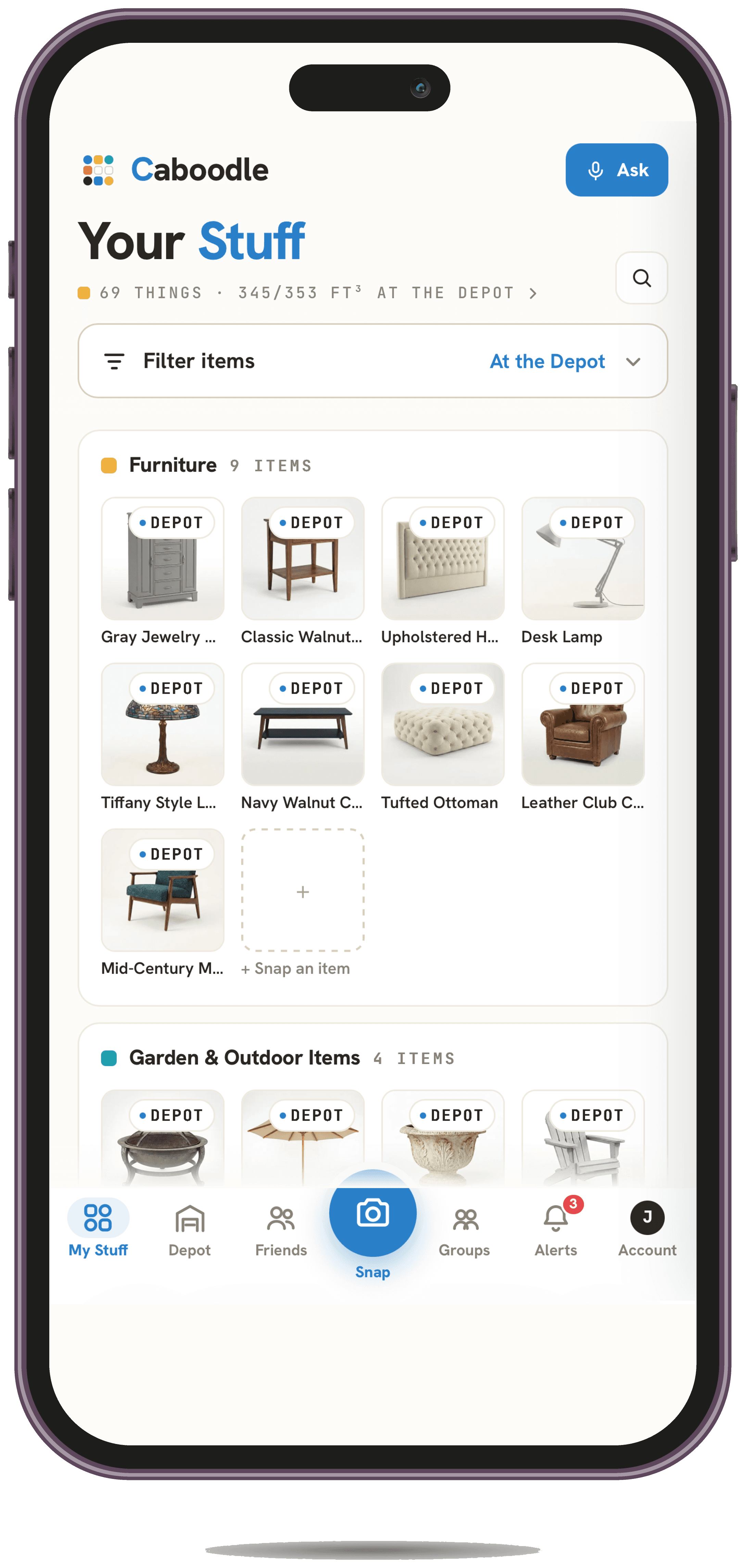 The Caboodle app on an iPhone, showing a home cataloged into searchable items