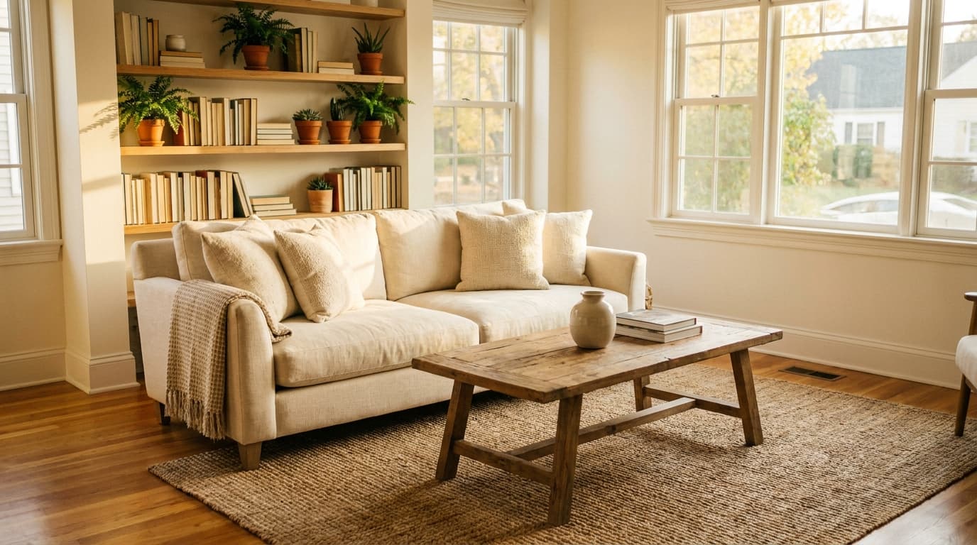 A calm, organized living room
