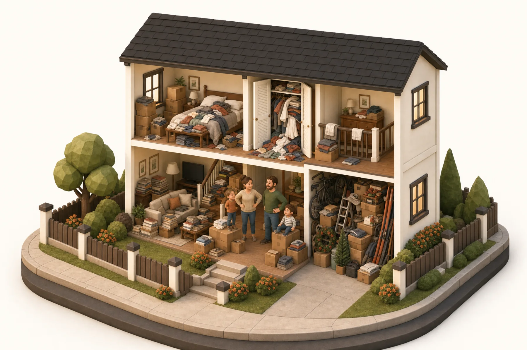 A cutaway of a family home with closets, garage and rooms overflowing with belongings