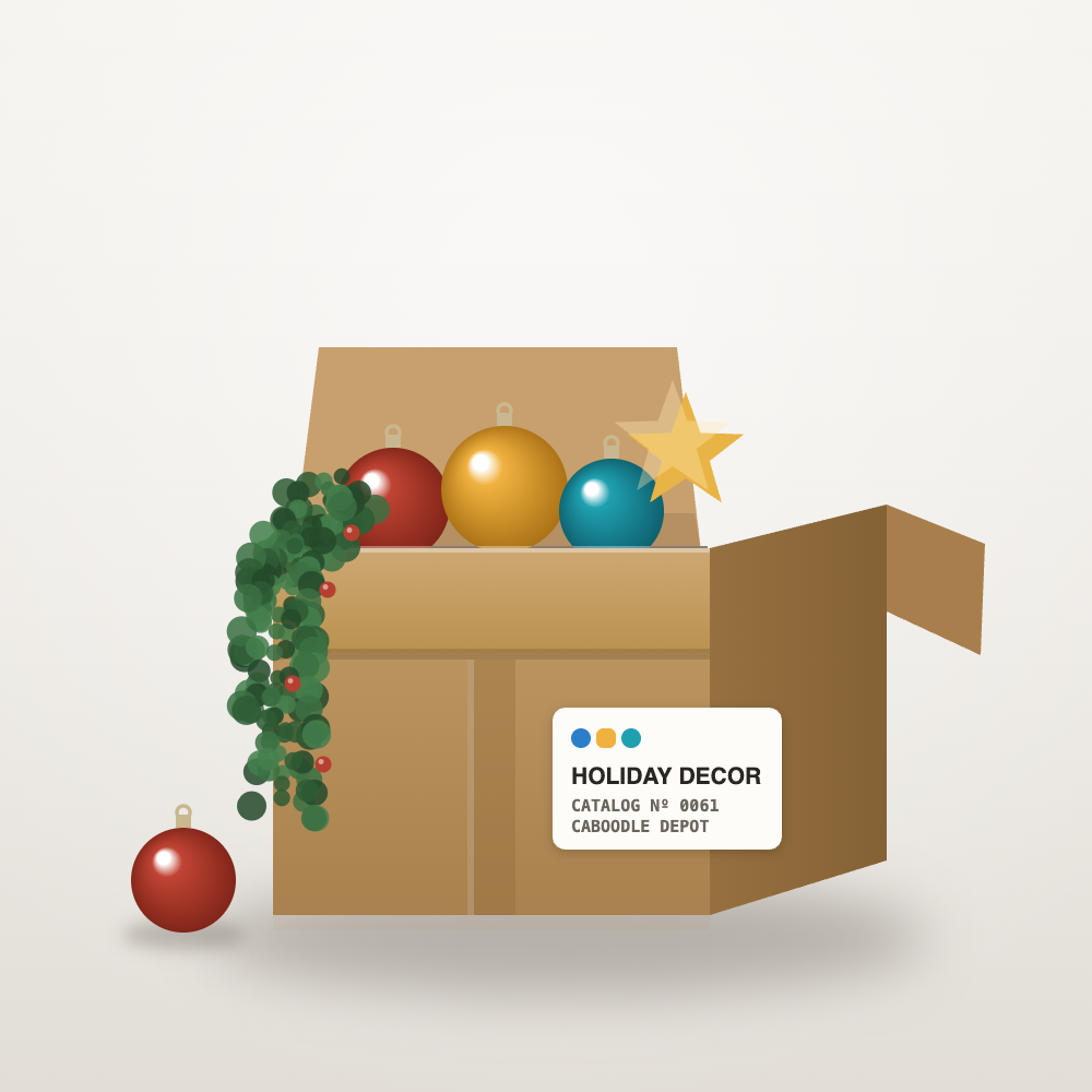 Holiday decorations box, cataloged at the Caboodle Depot